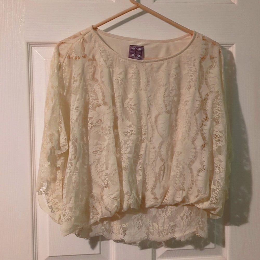 Free People Size Small Cream Floral Lace Blouson Boho Batwing Blouse Top xs